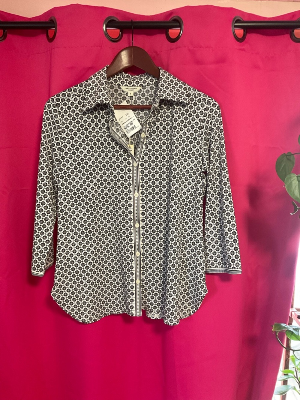 Max Studio Geometric Button Down Shirt - Black and White